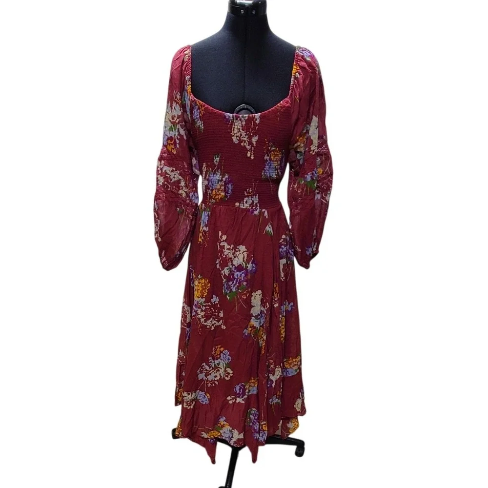 Free People Boho Floral Smocked Midi Dress Burgundy Red Size XS